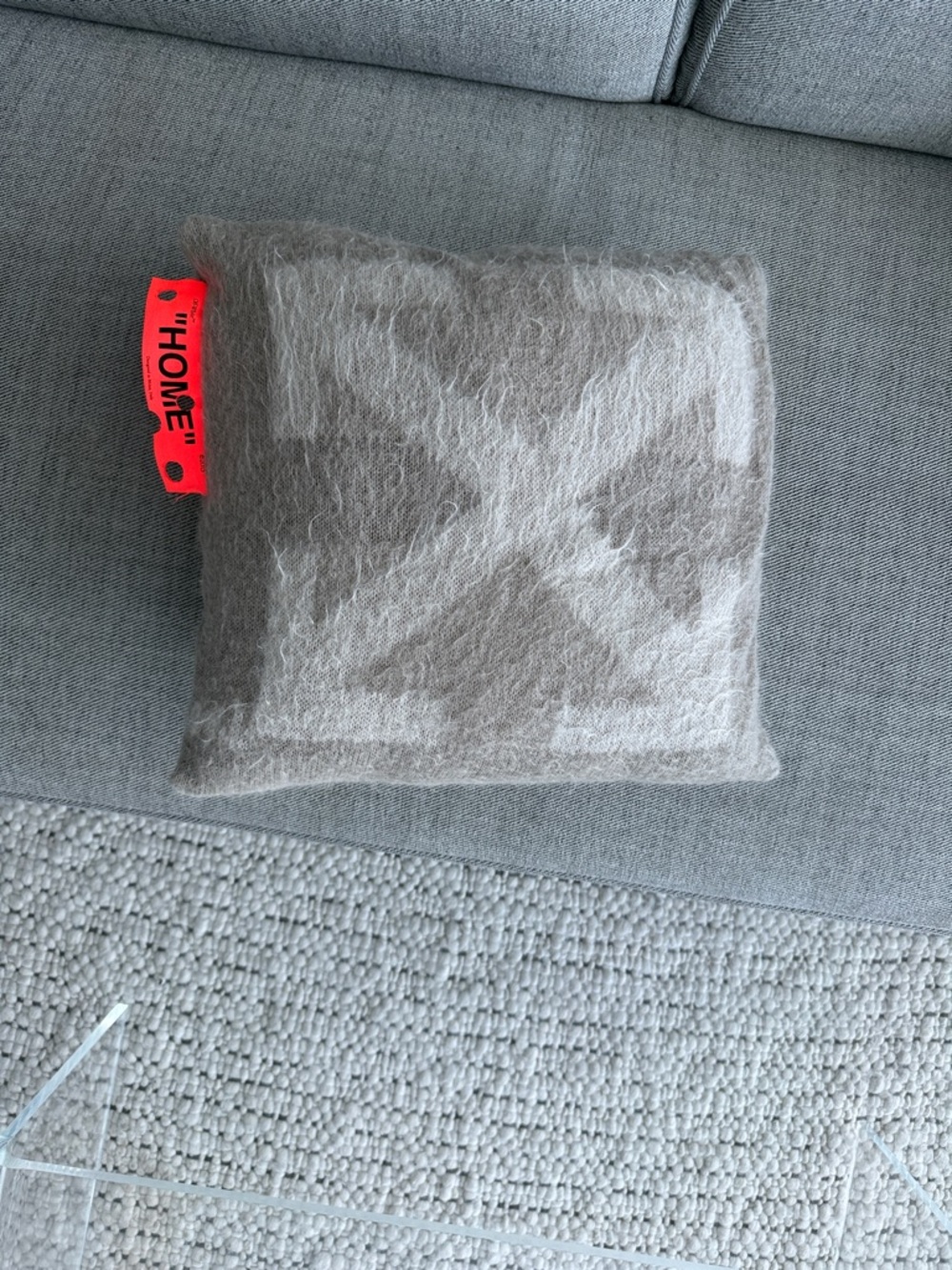 Off-White Fuzzy Arrow Logo Pillow with Neon Orange Tag